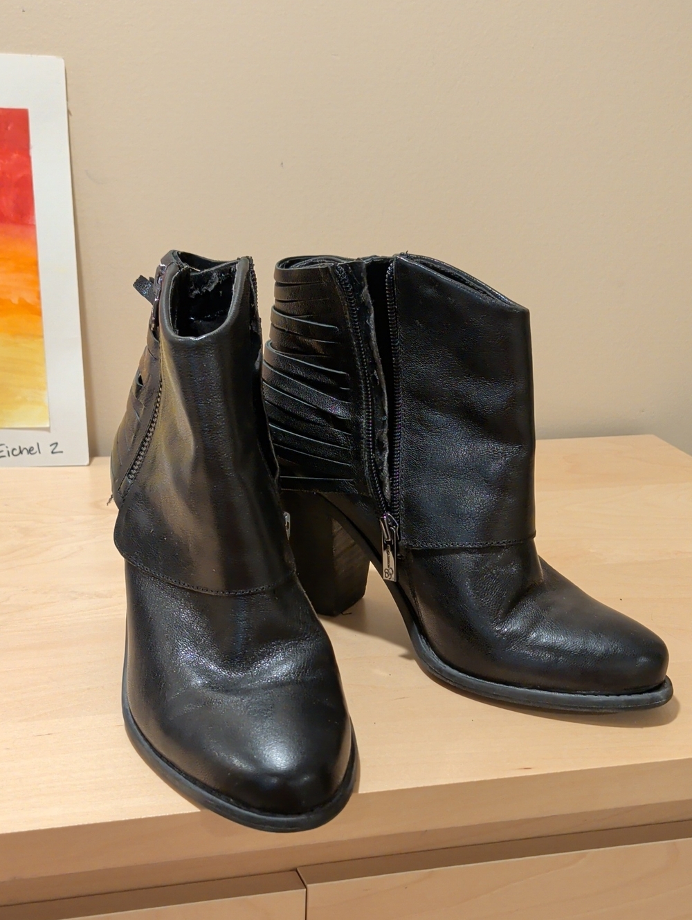 Jessica Simpson Black Leather Ankle Booties with Side Fringe and Zip